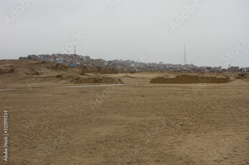 Pachacamac archaeological site, ancient ruins and sanctuary. city on background photo