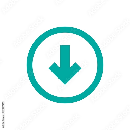 blue squared arrow down in blue circle icon. flat download sign isolated on white.