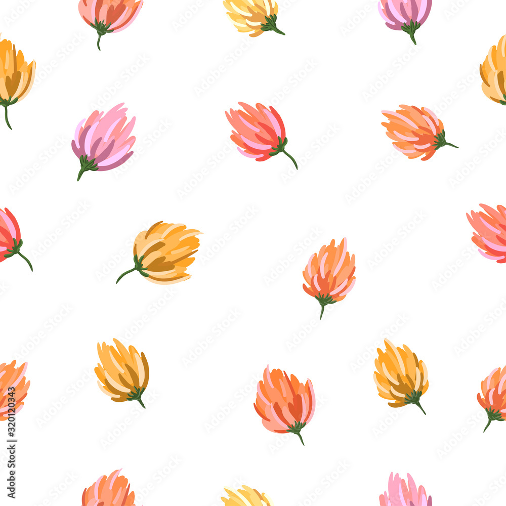 Obraz premium Orange, yellow and pink flowers on white background. Seamless spring pattern. Suitable for packaging, textile, wallpaper. 