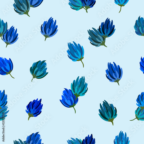  Dark blue flowers on light blue background. Seamless spring season pattern. Suitable for packaging, textile, wallpaper.	