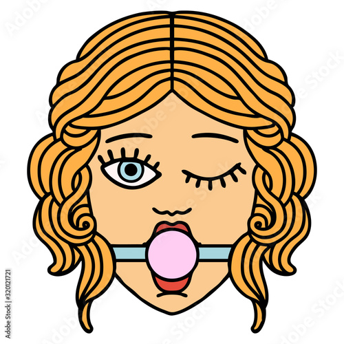 traditional tattoo of winking female face with ball gag
