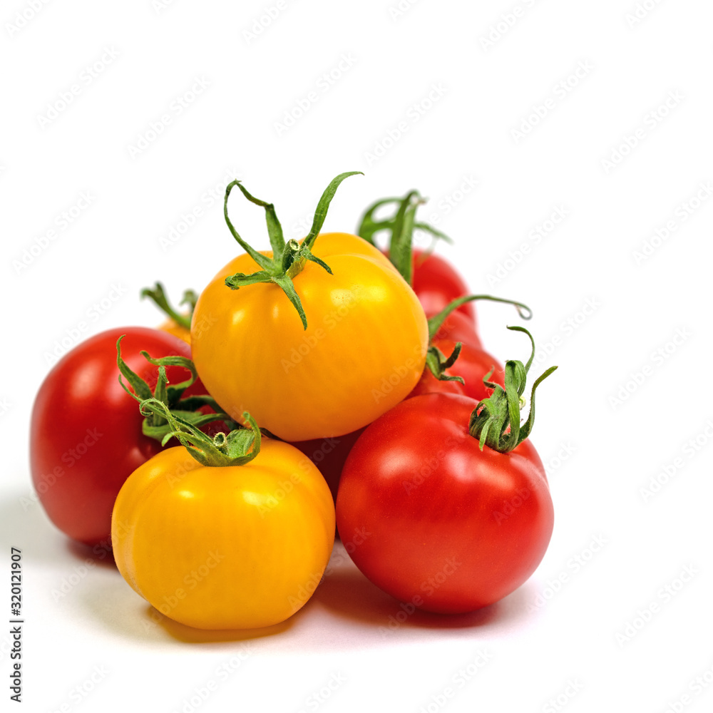 Rote und gelbe Tomaten vor weißem Hintergrund Rote und gelbe Tomaten vor weißem Hintergrund