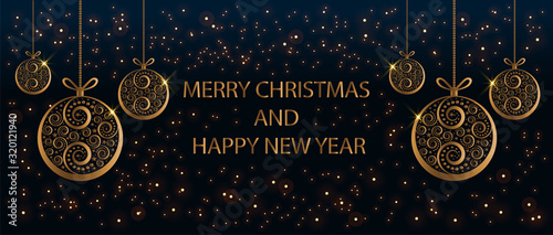 New Year and Christmas greeting card, banner design with stylized golden xmas ball, text and sparkle snowflakes. Vector illustration on dark blue background