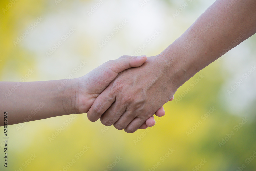 Close up of Mother and son holding hand in hand . Isolated on nature background. Close up of Mother and son holding hand in hand . Isolated on nature background.