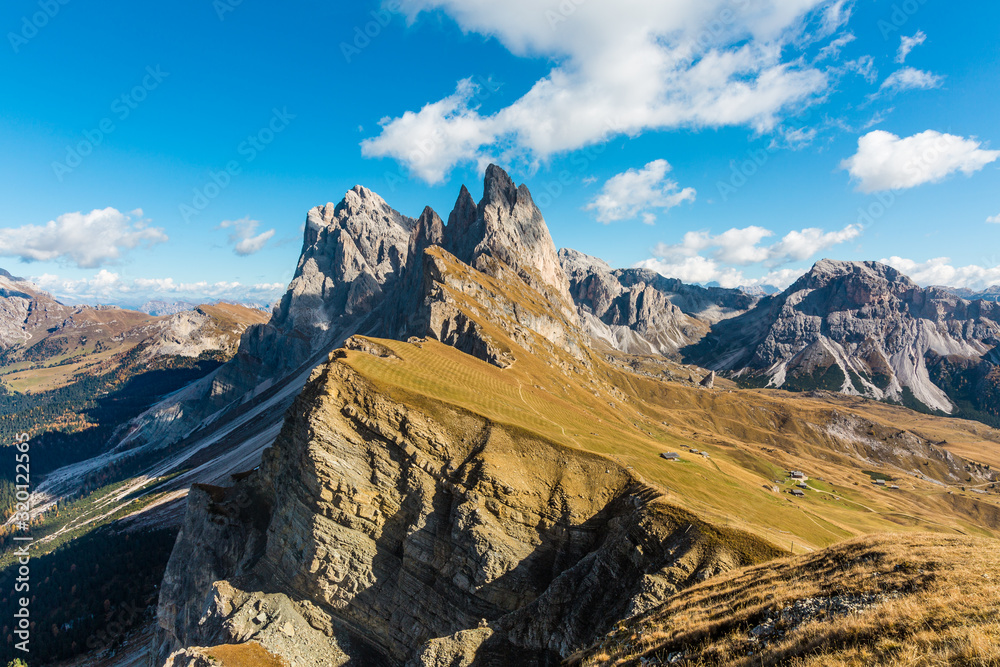 Spectacular view of Odle peaks from Seceda, Dolomites (IT)