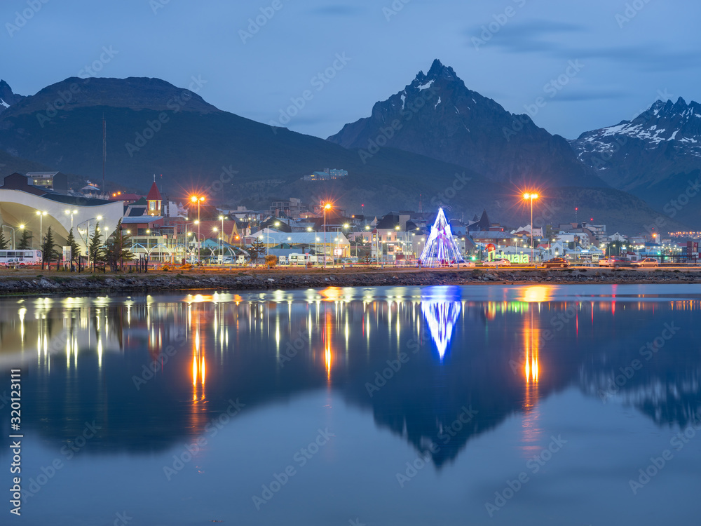 twilight city landscape in night before Christmass in Ushuaia