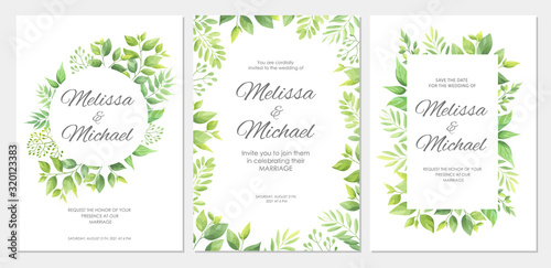 Wedding invitation with green leaves border. Floral invite card template set. Vector illustration..