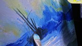 Artist copyist paint seascape with ship in ocean. Craftsman decorator draw as boat sail on blue sea with acrylic oil color. Draw finger, brush, knife palette. Indoor. Close up cinematic look.