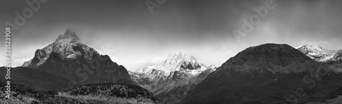 panoramic photot of mountains in Tierra del fuego National park in vintage style