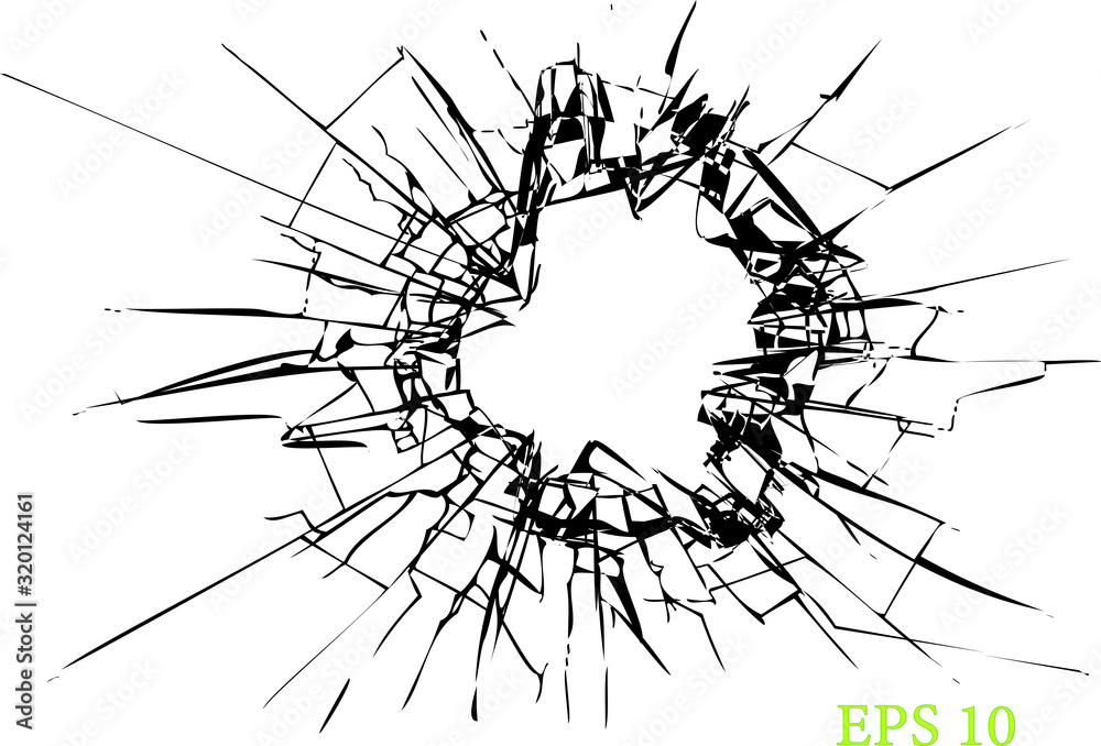 Broken glass, cracks, bullet marks on glass. High resolution