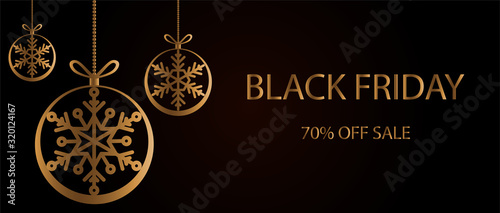 Black friday sale banner, poster with golden round christmas ball and text on dark background