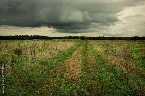 Grassy dirt road and green meadows, dark clouds on the sky, Zarzecze, Poland