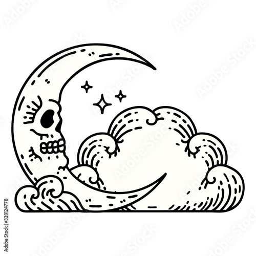 traditional tattoo of a skull crescent moon and clouds