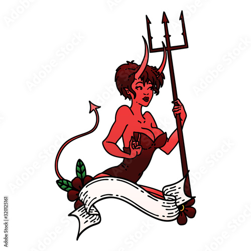 tattoo of a pinup devil girl with banner
