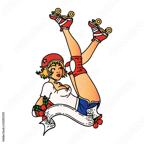 tattoo of a pinup roller derby girl with banner