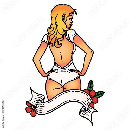 tattoo of a pinup swimsuit girl with banner
