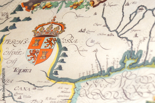 Detail of an old map illustrated with the shield of Castilla y León