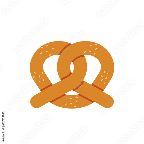 Pretzel isolated on white background. Pretzel icon. Baked pastry snack made from dough shaped into a knot. Traditional saltine German food for Octoberfest. Vector illustration, flat style, clip art. 