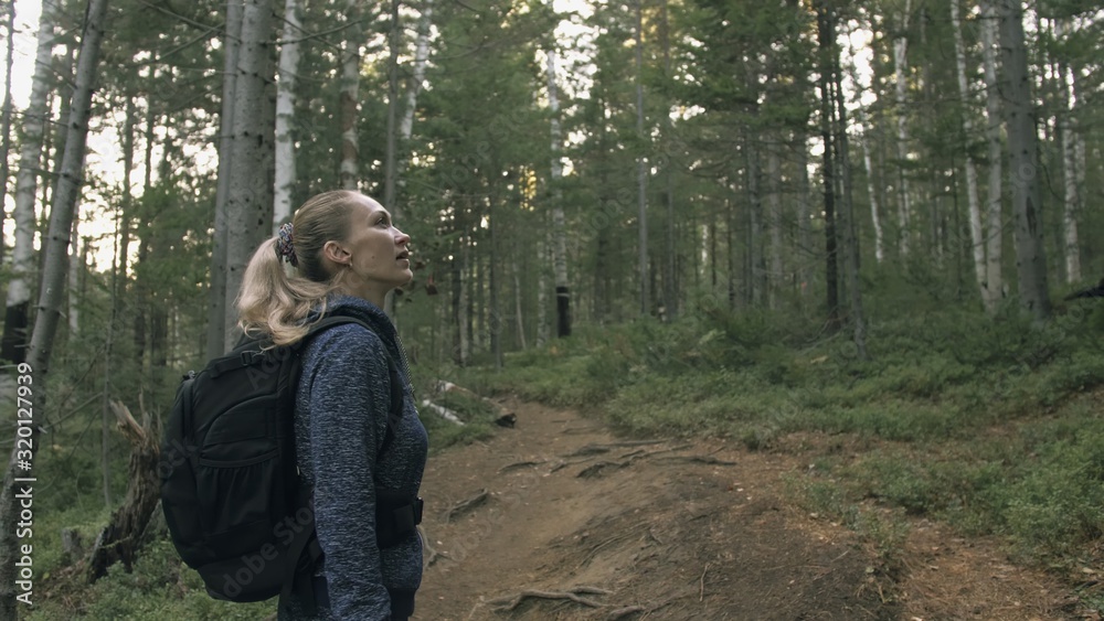 Traveler photographing scenic view in forest. One caucasian woman shooting nice magic look. Girl take photo video on dslr mirrorless camera. Professional photographer travel with backpack. Outdoor.