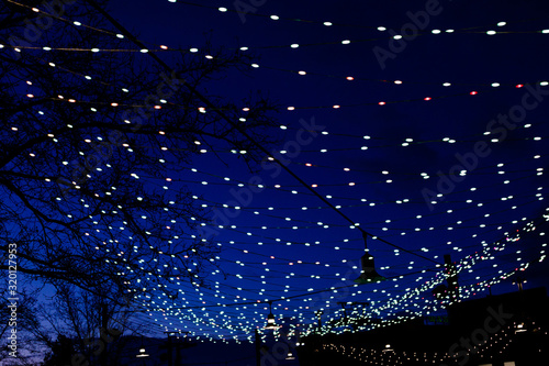 Christmas lights in the park at night in Riverfront Park in Spokane, Washington USA