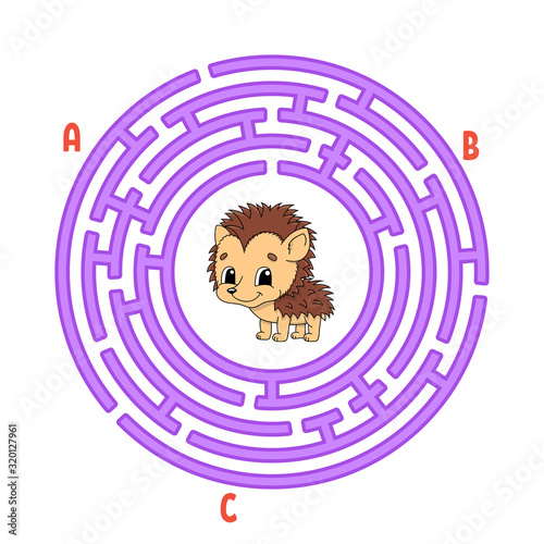 Circle maze. Game for kids. Puzzle for children. Round labyrinth conundrum. Hedgehog animal. Color vector illustration. Find the right path. Education worksheet.