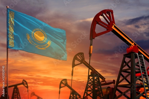 Kazakhstan oil industry concept. Industrial illustration - Kazakhstan flag and oil wells with the red and blue sunset or sunrise sky background - 3D illustration