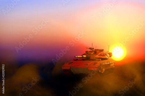 Military 3D Illustration of desert color miltary tank with not real design on sunset in desert, high detail tank troops concept