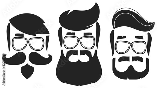Hipster Hair And Beards With Sunglasses Set. Fashion Bearded Man Faces. Beard Isolated On White Background.