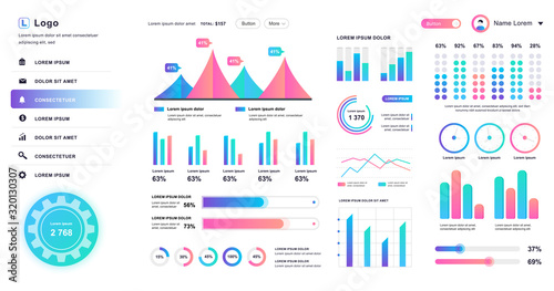 Dashboard UI. Admin panel vector design template with infographic elements, HUD diagram, info graphics. Website dashboard for UI and UX design web page. Vector illustration.