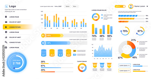 Dashboard UI. Admin panel vector design template with infographic elements, HUD diagram, info graphics. Website dashboard for UI and UX design web page. Vector illustration.