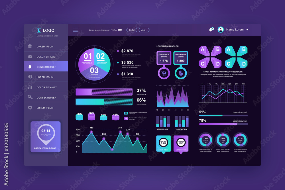 Dashboard UI. Admin panel vector design template with infographic elements, HUD diagram, info graphics. Website dashboard for UI and UX design web page. Dark style. Vector illustration.