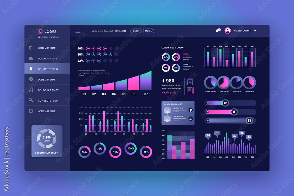 Dashboard UI. Admin panel vector design template with infographic elements, HUD diagram, info graphics. Website dashboard for UI and UX design web page. Dark style. Vector illustration.