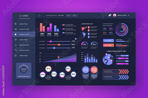 Dashboard UI. Admin panel vector design template with infographic elements, HUD diagram, info graphics. Website dashboard for UI and UX design web page. Dark style. Vector illustration.