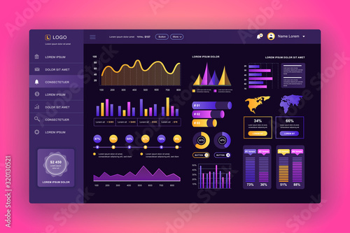 Dashboard UI. Admin panel vector design template with infographic elements, HUD diagram, info graphics. Website dashboard for UI and UX design web page. Dark style. Vector illustration.