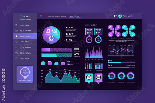 Dashboard UI. Admin panel vector design template with infographic elements, HUD diagram, info graphics. Website dashboard for UI and UX design web page. Dark style. Vector illustration.