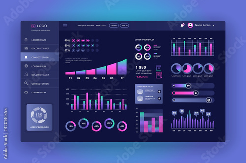 Dashboard UI. Admin panel vector design template with infographic elements, HUD diagram, info graphics. Website dashboard for UI and UX design web page. Dark style. Vector illustration.