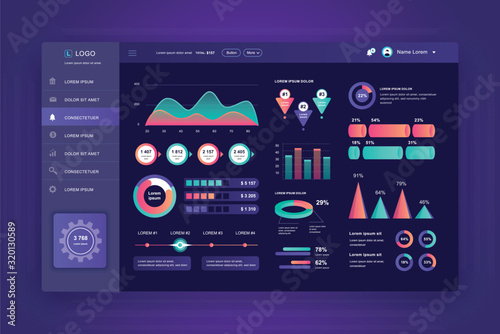Dashboard UI. Admin panel vector design template with infographic elements, HUD diagram, info graphics. Website dashboard for UI and UX design web page. Dark style. Vector illustration.