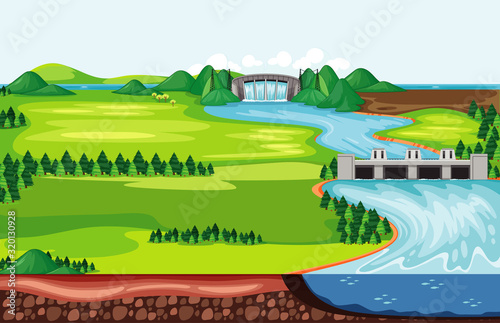 Scene with water running down from the dam
