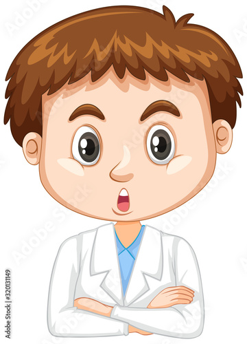 Cute boy in lab gown on white background