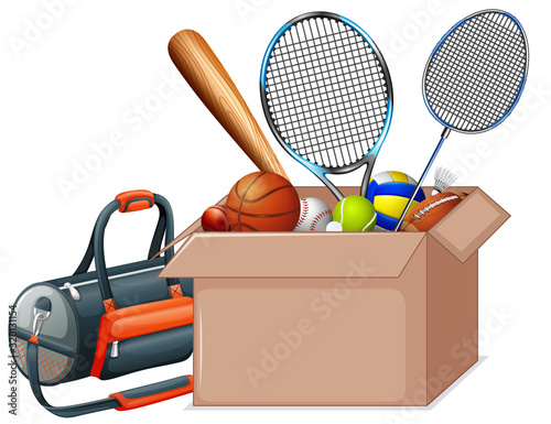 Cardboard box full of sport equipments on white background