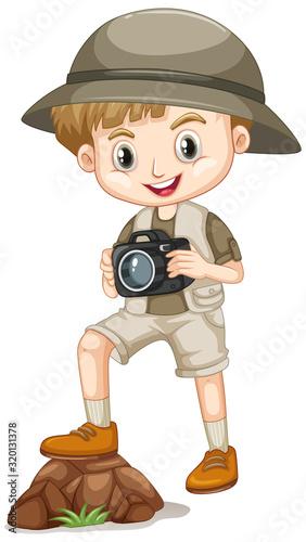 Cute boy in safari outfit on white background