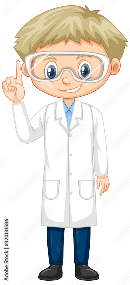 Boy wearing lab gown on white background