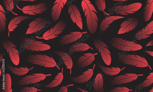 Abstract decorative banner with red feathers on dark background, color gradient. Vector illustration