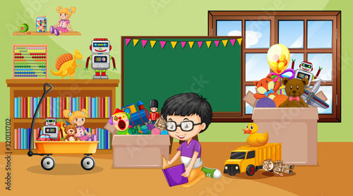 Scene with boy reading book in the room