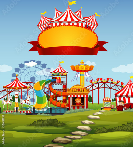 Circus scene with sign template in the sky