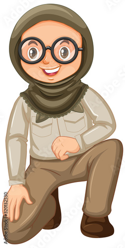 Muslim girl in scout uniform sitting on white background