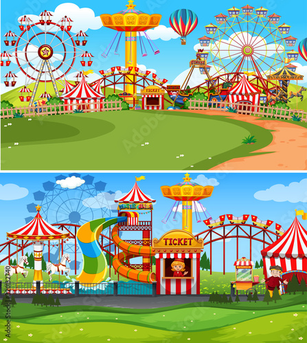 Two scenes of funpark with many rides