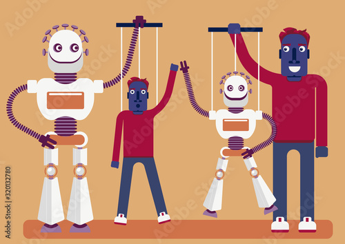 The manipulation. Who is manipulating whom. Illustration of the presence of  artificial intelligence in our life. A robot has a puppet of a person and a man has a puppet of the bot