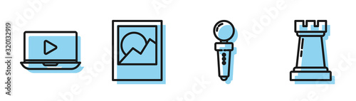 Set line Joystick for arcade machine, Online play video, Photo frames and Chess symbol icon. Vector