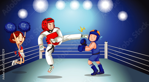 Background scene with athletes fighting in the ring arena